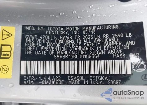 2018 Lexus Es 350 from USA, damaged, VIN 58ABK1GG0JU108564